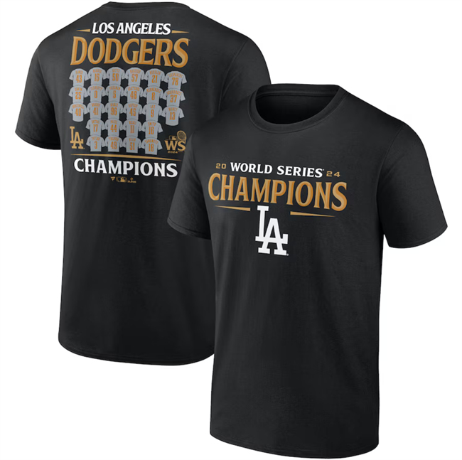 Men's Black Los Angeles Dodgers 2024 World Series Champions Jersey Roster T-Shirt